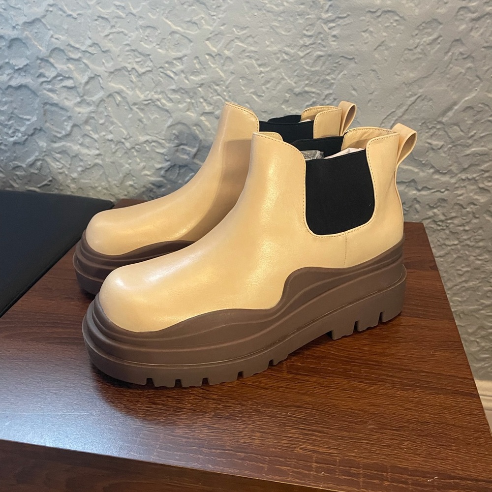 Cream and brown, chunky platform ankle boots